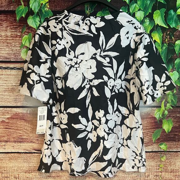 Lauren Ralph Lauren Silk Blouse Medium Petite Floral Black White Flutter Sleeves - Picture 2 of 7